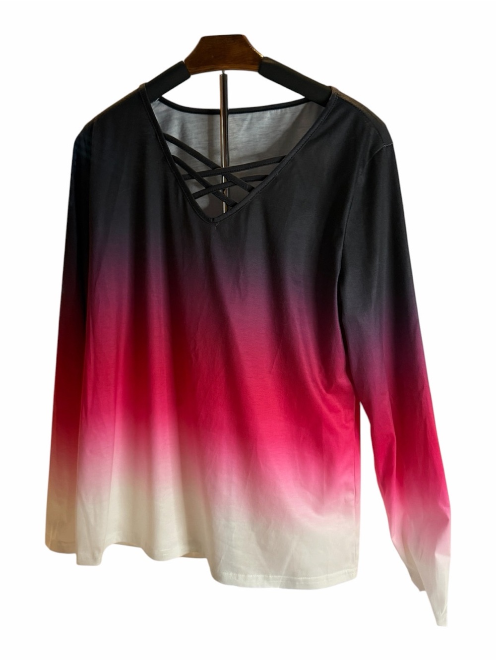Crisscross V-Neck Ombre Tunic Top - Pink, Black, White